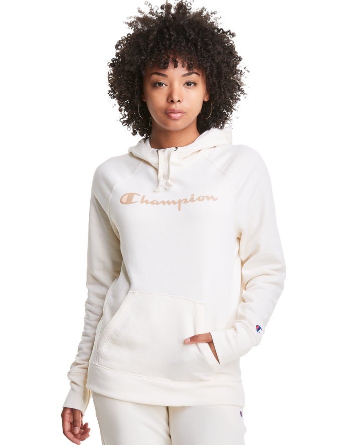 Champion Dame Hættetrøje Hvide - Powerblend Fleece Script Logo - Danmark MPT-042517